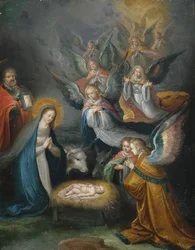 De Heilige Familie met engelen die het kind aanbidden